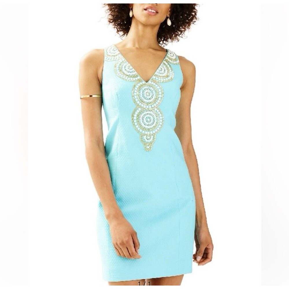 Lilly Pulitzer Gabby Shift Serene Blue Color Dress Sleeveless Beaded Size 6